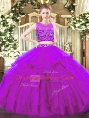 Dramatic Purple Sleeveless Floor Length Beading and Ruffles Zipper Quinceanera Dresses