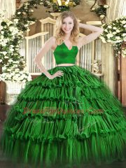 Green Sleeveless Floor Length Ruffled Layers Zipper Quinceanera Gowns