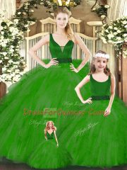 Green Ball Gowns Organza V-neck Sleeveless Beading and Ruffles Floor Length Zipper 15th Birthday Dress