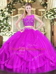 Best Purple Tulle Zipper Scoop Sleeveless Floor Length Quinceanera Gown Beading and Ruffles
