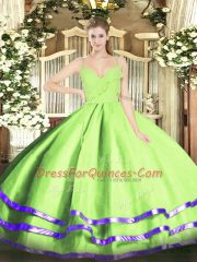 Organza Spaghetti Straps Sleeveless Zipper Ruffled Layers Quince Ball Gowns in Yellow Green