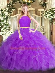 High End Scoop Sleeveless Quinceanera Gown Floor Length Ruffles Eggplant Purple Tulle