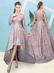 Extravagant Grey Dama Dress for Quinceanera Prom and Party and Wedding Party with Lace Scoop Long Sleeves Zipper