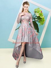 Extravagant Grey Dama Dress for Quinceanera Prom and Party and Wedding Party with Lace Scoop Long Sleeves Zipper