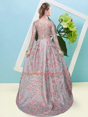 Extravagant Grey Dama Dress for Quinceanera Prom and Party and Wedding Party with Lace Scoop Long Sleeves Zipper