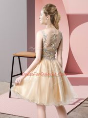 Deluxe Baby Pink A-line Scoop Sleeveless Tulle Knee Length Zipper Beading Prom Dresses
