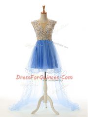 Stylish Baby Blue Sleeveless Tulle Backless Prom Dresses for Prom and Party