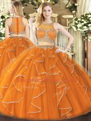 Orange Sweet 16 Quinceanera Dress Military Ball and Sweet 16 and Quinceanera with Beading and Ruffles Scoop Sleeveless Zipper