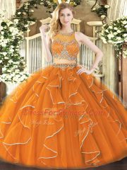 Orange Sweet 16 Quinceanera Dress Military Ball and Sweet 16 and Quinceanera with Beading and Ruffles Scoop Sleeveless Zipper