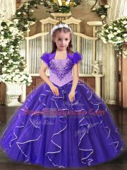Floor Length Lace Up Pageant Dress Wholesale Purple for Party and Sweet 16 and Quinceanera and Wedding Party with Beading and Ruffles