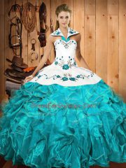 Cute Sleeveless Satin and Organza Floor Length Lace Up Ball Gown Prom Dress in Aqua Blue with Embroidery and Ruffles