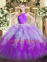 Modest Sleeveless Organza Floor Length Zipper Quinceanera Dresses in Multi-color with Ruffles