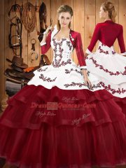Traditional Sleeveless Embroidery and Ruffled Layers Lace Up Quinceanera Gown with Burgundy Sweep Train