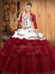 Traditional Sleeveless Embroidery and Ruffled Layers Lace Up Quinceanera Gown with Burgundy Sweep Train