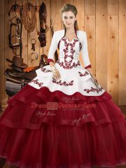 Traditional Sleeveless Embroidery and Ruffled Layers Lace Up Quinceanera Gown with Burgundy Sweep Train