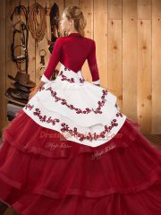 Traditional Sleeveless Embroidery and Ruffled Layers Lace Up Quinceanera Gown with Burgundy Sweep Train