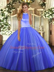 Blue Tulle Backless Vestidos de Quinceanera Sleeveless Floor Length Beading