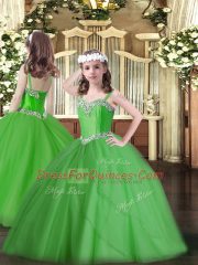 Glorious Sweep Train Ball Gowns Pageant Gowns For Girls Green Straps Tulle Sleeveless Lace Up