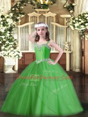 Glorious Sweep Train Ball Gowns Pageant Gowns For Girls Green Straps Tulle Sleeveless Lace Up