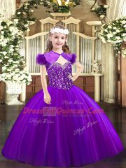 Purple Little Girl Pageant Gowns Party and Quinceanera with Beading Straps Sleeveless Lace Up