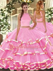 High End Rose Pink Halter Top Neckline Beading and Ruffled Layers 15th Birthday Dress Sleeveless Backless