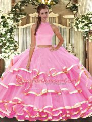 High End Rose Pink Halter Top Neckline Beading and Ruffled Layers 15th Birthday Dress Sleeveless Backless
