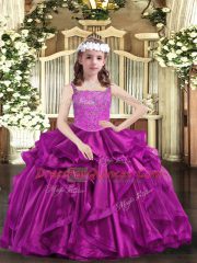Superior Fuchsia Ball Gowns Beading and Ruffles Pageant Gowns For Girls Lace Up Organza Sleeveless Floor Length
