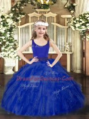Royal Blue Tulle Zipper Little Girl Pageant Dress Sleeveless Floor Length Beading and Ruffles