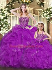 Purple Organza Lace Up Sweet 16 Dresses Sleeveless Floor Length Beading and Ruffles
