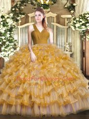Stylish Sleeveless Organza Floor Length Zipper Ball Gown Prom Dress in Brown with Ruffled Layers