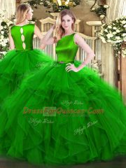 Romantic Sleeveless Organza Floor Length Clasp Handle Quinceanera Gown in Green with Ruffles