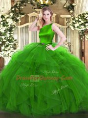 Romantic Sleeveless Organza Floor Length Clasp Handle Quinceanera Gown in Green with Ruffles