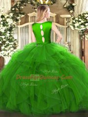 Romantic Sleeveless Organza Floor Length Clasp Handle Quinceanera Gown in Green with Ruffles