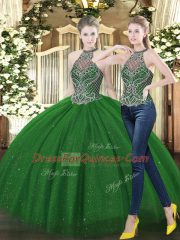Beauteous Dark Green Ball Gowns High-neck Sleeveless Tulle Floor Length Lace Up Beading Quinceanera Gown