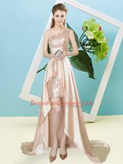 Fine Champagne Sleeveless Elastic Woven Satin and Sequined Lace Up Evening Dress for Prom and Party
