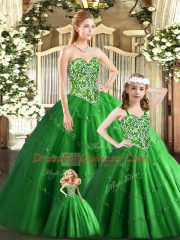 Simple Green Ball Gowns Sweetheart Sleeveless Tulle Floor Length Lace Up Beading Sweet 16 Dresses