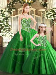 Simple Green Ball Gowns Sweetheart Sleeveless Tulle Floor Length Lace Up Beading Sweet 16 Dresses