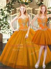 High Class Three Pieces Quinceanera Dresses Orange Red Sweetheart Tulle Sleeveless Floor Length Lace Up
