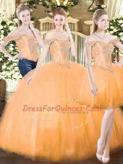 Orange Red Quince Ball Gowns Military Ball and Sweet 16 and Quinceanera with Beading and Ruffles Off The Shoulder Sleeveless Lace Up