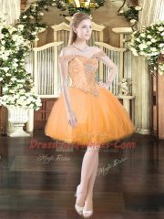 Orange Red Quince Ball Gowns Military Ball and Sweet 16 and Quinceanera with Beading and Ruffles Off The Shoulder Sleeveless Lace Up
