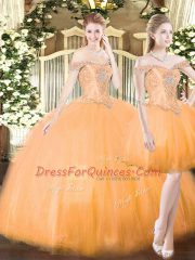 Orange Red Quince Ball Gowns Military Ball and Sweet 16 and Quinceanera with Beading and Ruffles Off The Shoulder Sleeveless Lace Up
