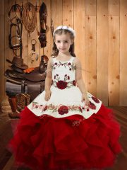 Straps Sleeveless Little Girls Pageant Dress Wholesale Floor Length Embroidery and Ruffles Wine Red Satin and Tulle