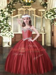 Fancy Floor Length Wine Red Pageant Gowns For Girls Satin Sleeveless Beading