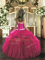 Fuchsia Tulle Lace Up Straps Sleeveless Floor Length Girls Pageant Dresses Appliques and Ruffles