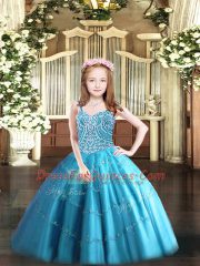 Modern Baby Blue Lace Up Little Girl Pageant Dress Beading Sleeveless Floor Length