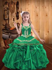 Adorable Turquoise Straps Neckline Embroidery and Ruffles Little Girls Pageant Gowns Sleeveless Lace Up