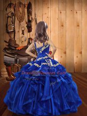 Adorable Turquoise Straps Neckline Embroidery and Ruffles Little Girls Pageant Gowns Sleeveless Lace Up