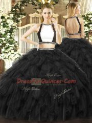 Affordable Black Halter Top Neckline Ruffles Quinceanera Gown Sleeveless Backless
