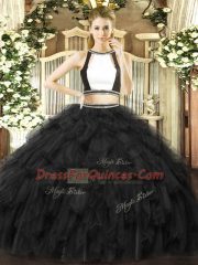 Affordable Black Halter Top Neckline Ruffles Quinceanera Gown Sleeveless Backless