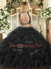 Affordable Black Halter Top Neckline Ruffles Quinceanera Gown Sleeveless Backless
